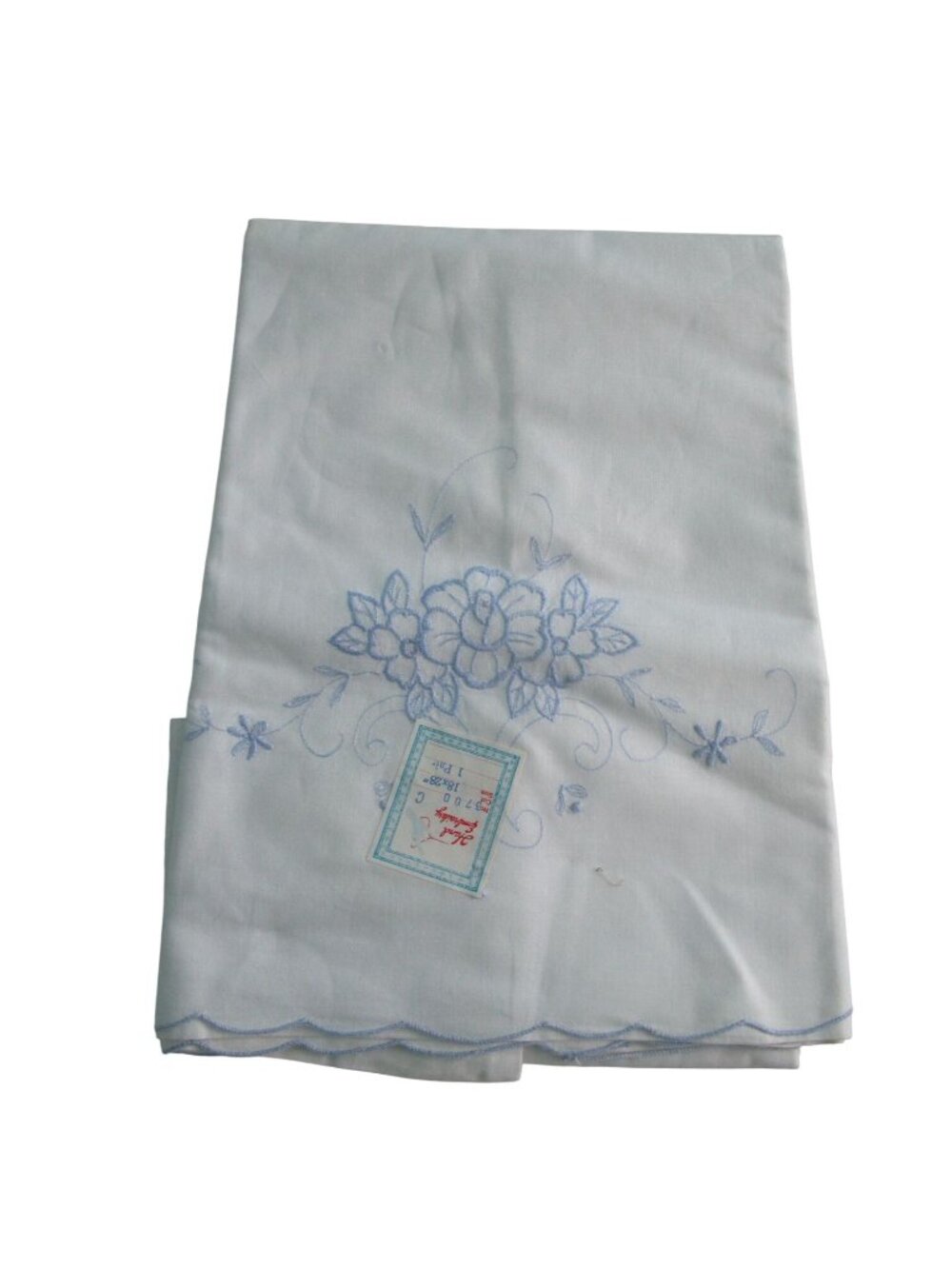 Hand Embroidered White Std Pillowcase Pair Blue Floral Design Scalloped Edges Ne